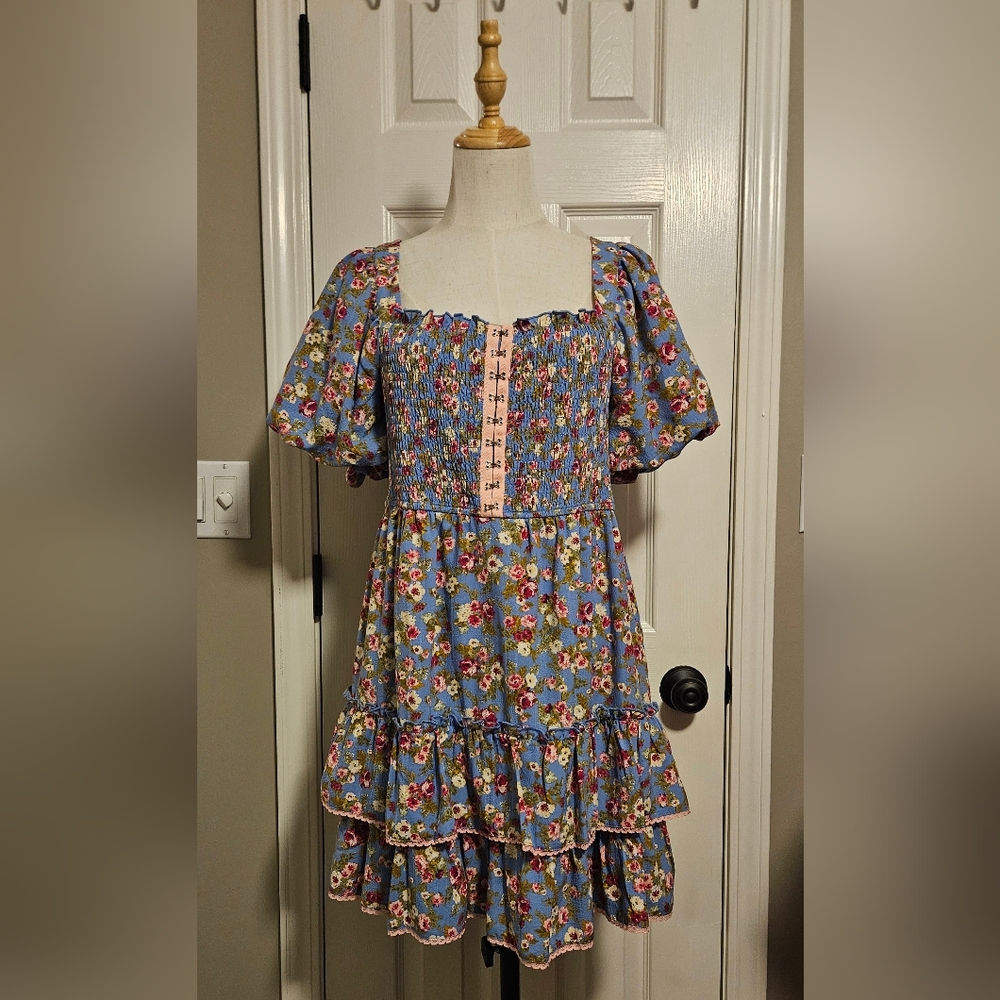 Allison +‎ Kelly Bubble Sleeve Tiered Floral Printed Mini Dress: Junior Large
